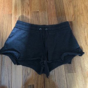 Dark grey fleece flare shorts.